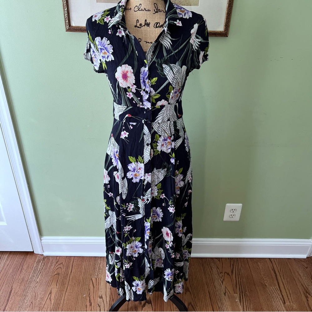 NWOT Zara Oriental Crane Floral Print Button-down Maxi Dress | Size Small